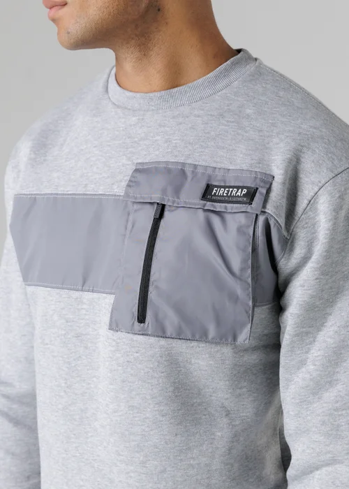 Firetrap Light Grey Regular Fit Cotton Rich Crew Neck Sweatshirt With Chest Pocket - S Image 3