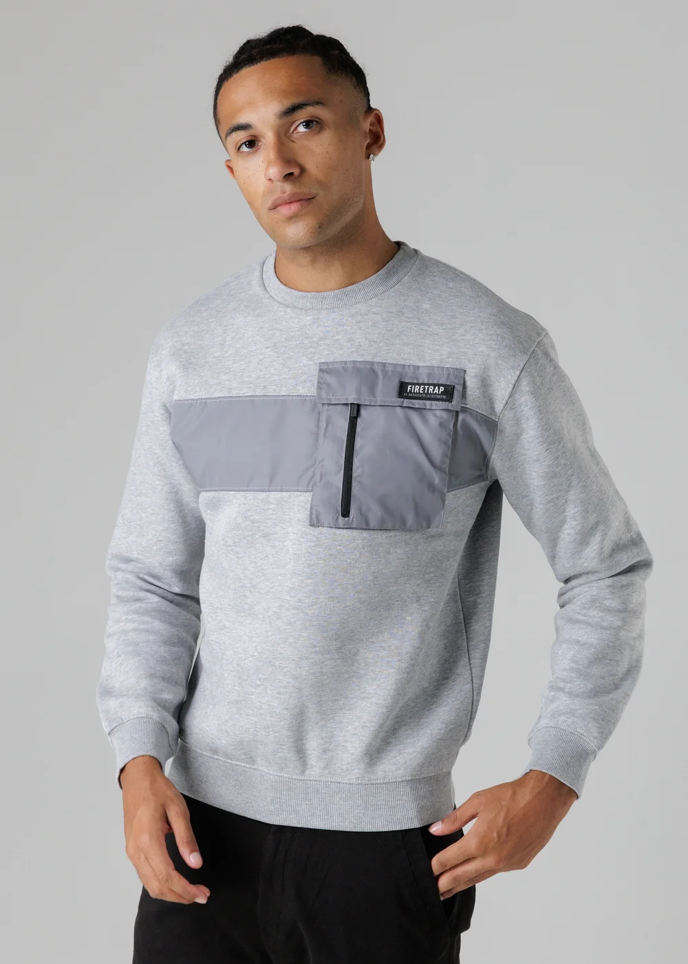 Firetrap Light Grey Regular Fit Cotton Rich Crew Neck Sweatshirt With Chest Pocket - S Image 1