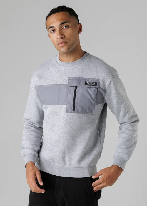 Firetrap Light Grey Regular Fit Cotton Rich Crew Neck Sweatshirt With Chest Pocket - S Image 1