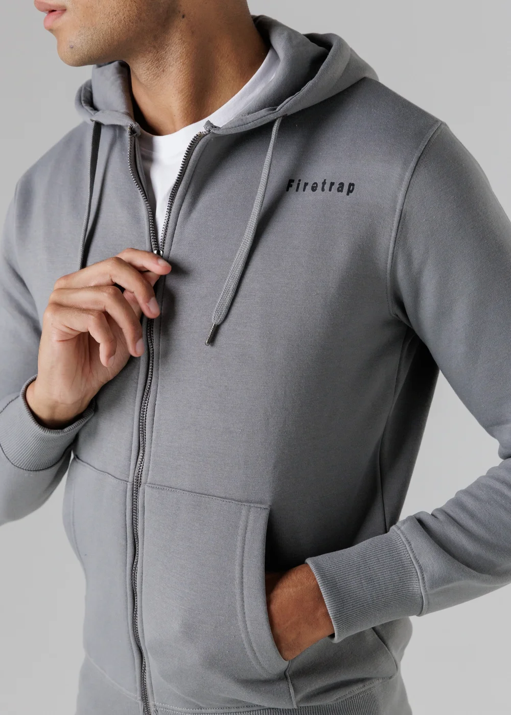 Firetrap Grey Regular Fit Cotton Rich Zip Through Hoody With Drawstring - S Image 3