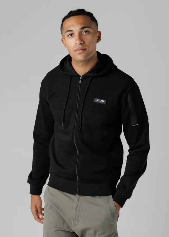 Firetrap Black Regular Fit Cotton Rich Zip Through Hoody With Sleeve Pocket