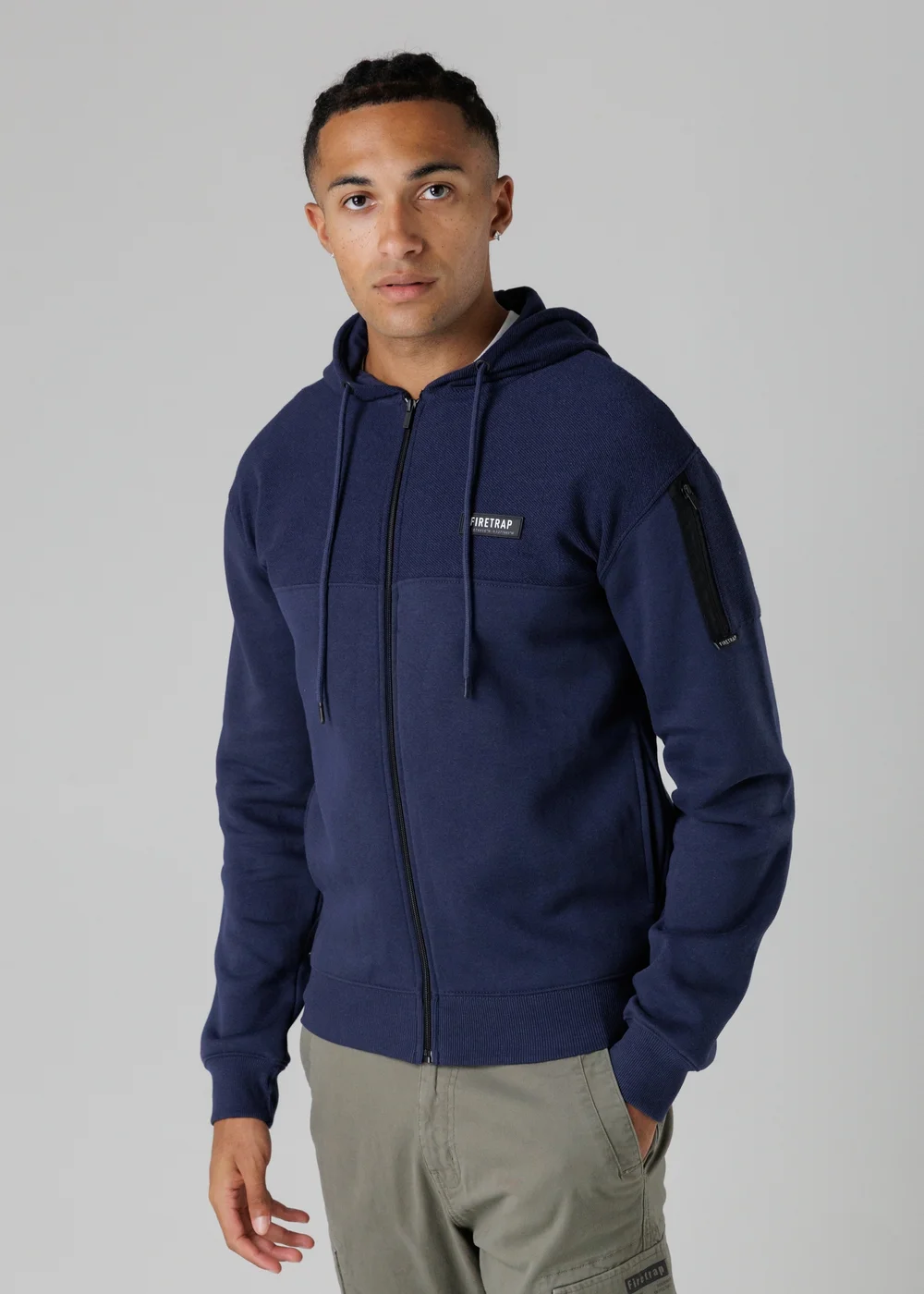 Firetrap Dark Blue Regular Fit Cotton Rich Zip Through Hoody With Sleeve Pocket - S Image 1