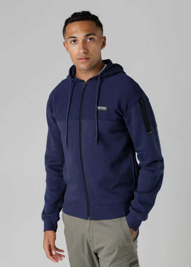 Firetrap Dark Blue Regular Fit Cotton Rich Zip Through Hoody With Sleeve Pocket