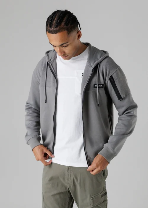 Firetrap Dark Grey Regular Fit Cotton Rich Zip Through Hoody With Sleeve Pocket - S Image 3