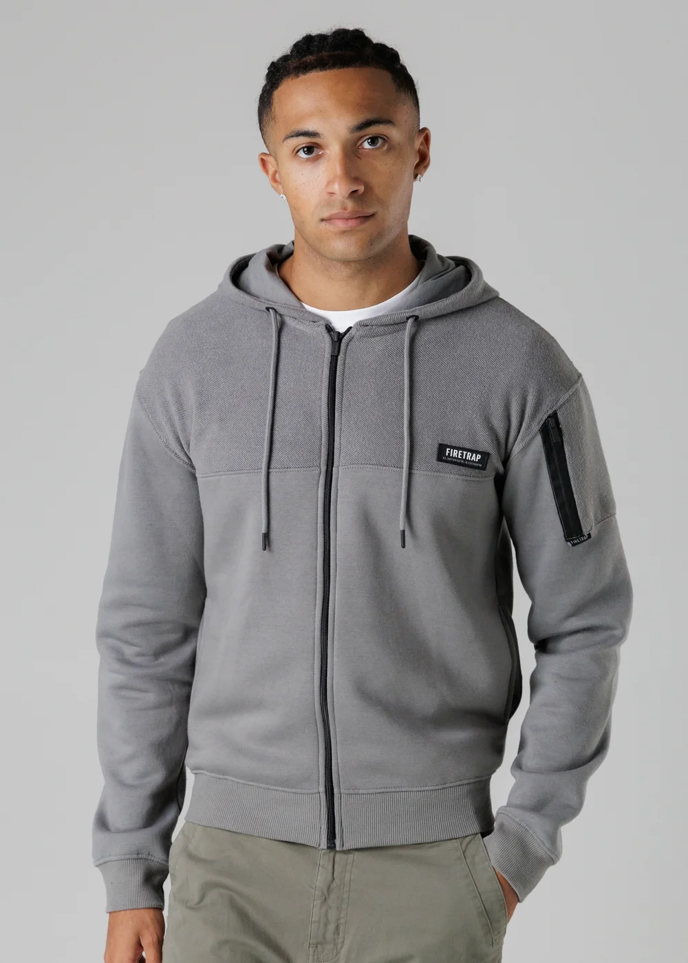 Firetrap Dark Grey Regular Fit Cotton Rich Zip Through Hoody With Sleeve Pocket - S Image 1
