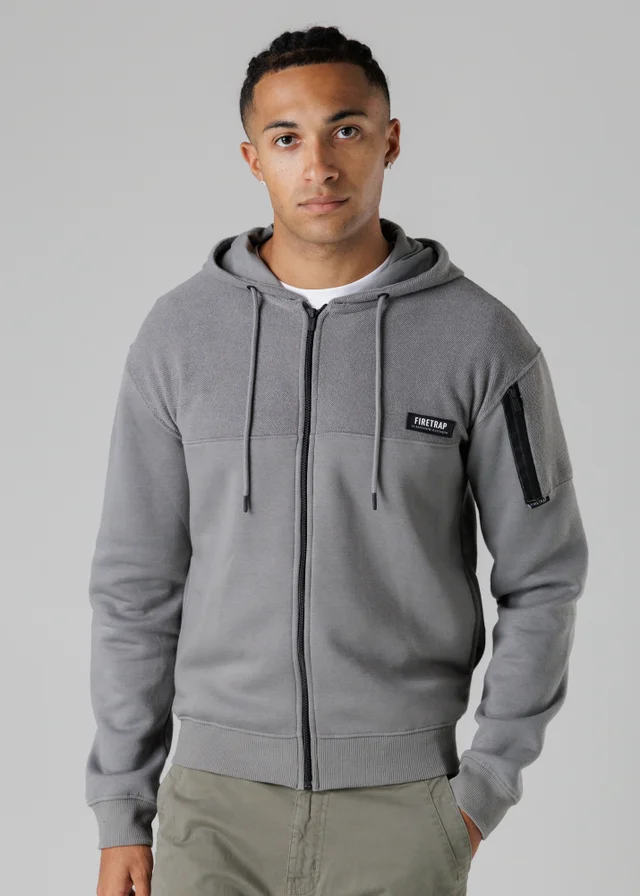 Firetrap Dark Grey Regular Fit Cotton Rich Zip Through Hoody With Sleeve Pocket