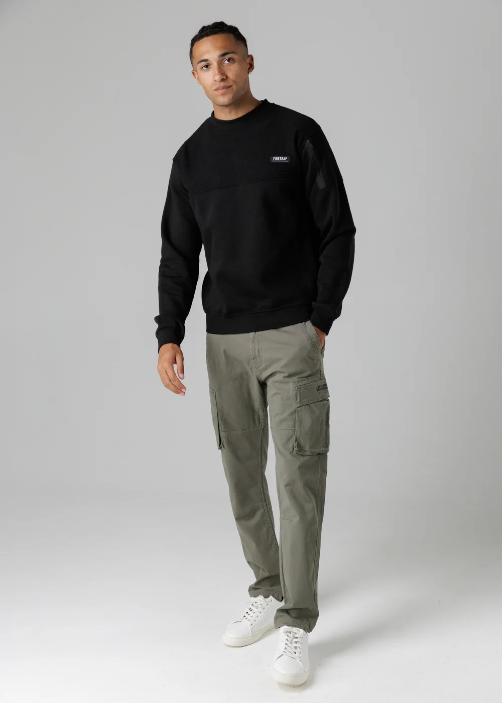 Firetrap Black Regular Fit Cotton Rich Crew Neck Sweatshirt With Sleeve Pocket - S Image 4