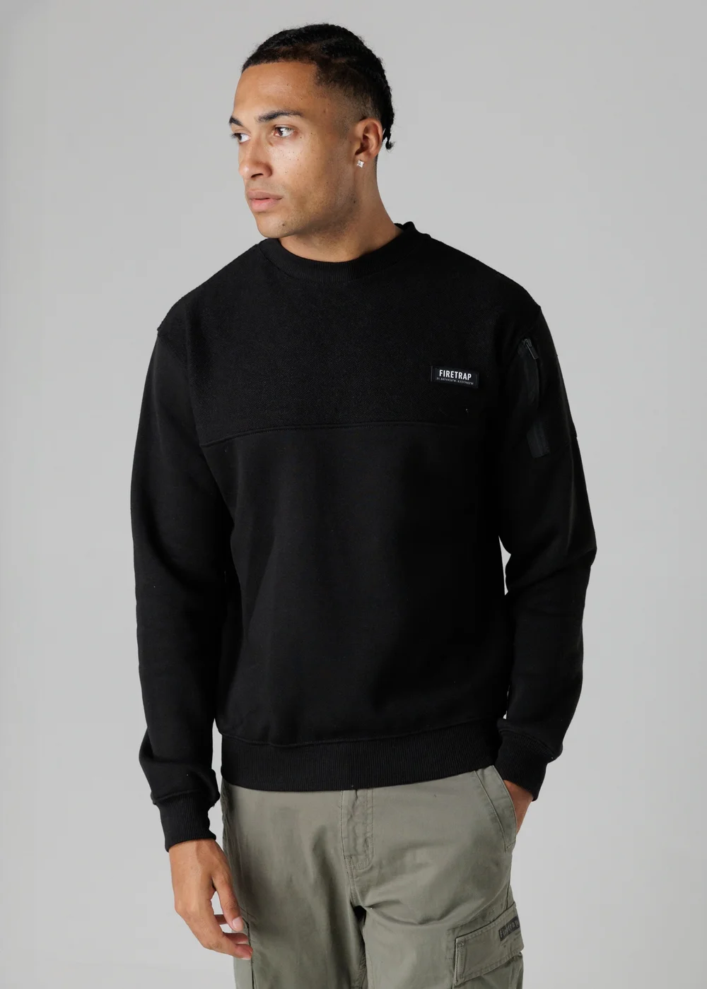 Firetrap Black Regular Fit Cotton Rich Crew Neck Sweatshirt With Sleeve Pocket - S Image 1