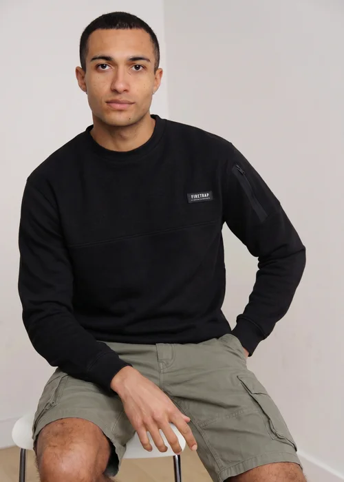 Firetrap Black Regular Fit Cotton Rich Crew Neck Sweatshirt With Sleeve Pocket - S Image 1