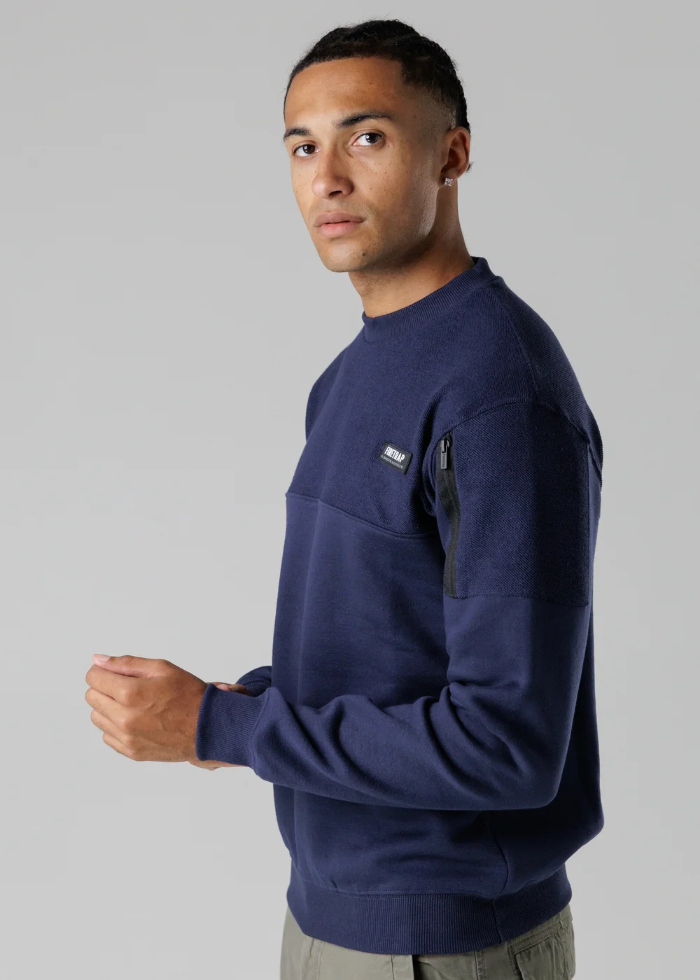 Firetrap Dark Blue Regular Fit Cotton Rich Crew Neck Sweatshirt With Sleeve Pocket - S Image 3