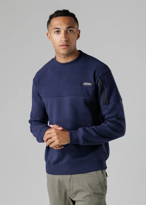 Firetrap Dark Blue Regular Fit Cotton Rich Crew Neck Sweatshirt With Sleeve Pocket - S Image 1