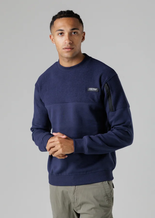 Firetrap Dark Blue Regular Fit Cotton Rich Crew Neck Sweatshirt With Sleeve Pocket
