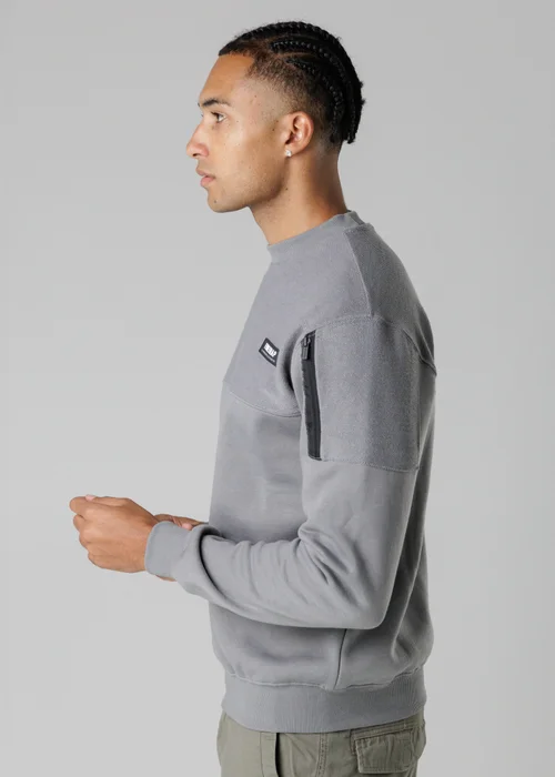Firetrap Grey Regular Fit Cotton Rich Crew Neck Sweatshirt With Sleeve Pocket - S Image 3