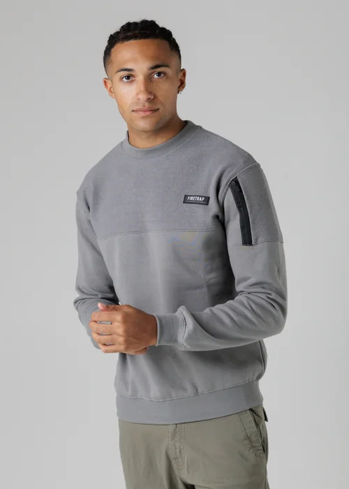 Firetrap Grey Regular Fit Cotton Rich Crew Neck Sweatshirt With Sleeve Pocket - S Image 1