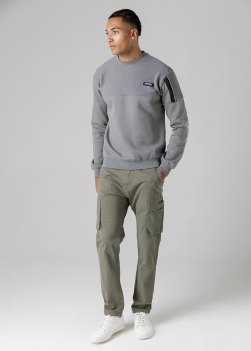 Firetrap Grey Regular Fit Cotton Rich Crew Neck Sweatshirt With Sleeve Pocket - S Image 4