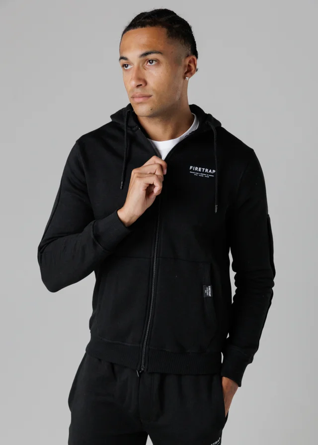 Firetrap Black Regular Fit Zip Through Fleece Hoody With Drawstrings
