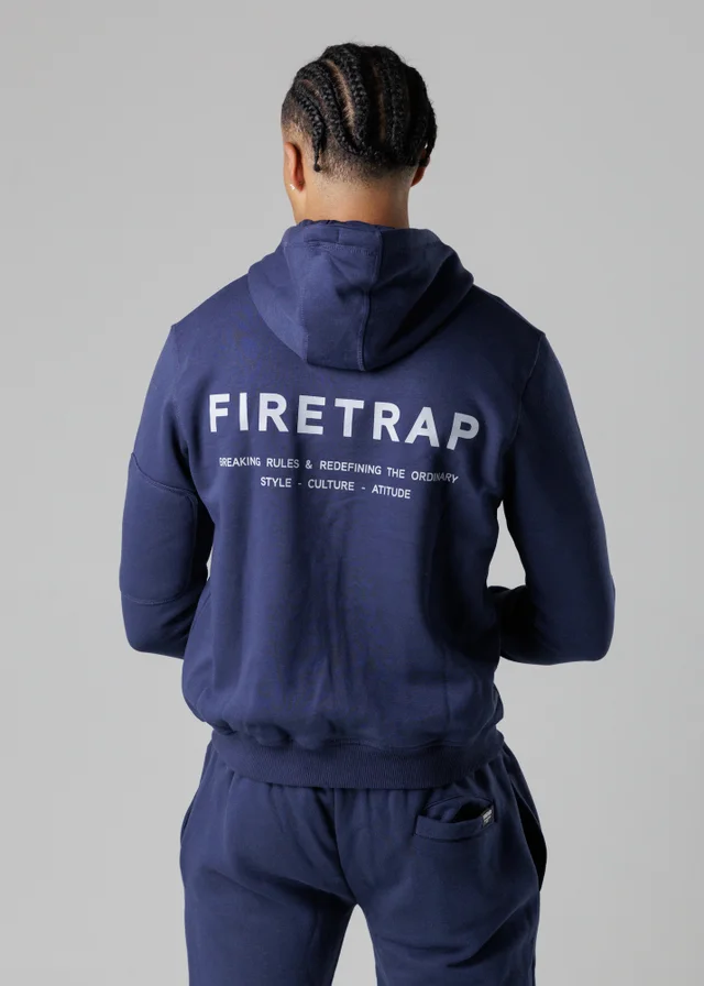 Firetrap Dark Blue Regular Fit Zip Through Fleece Hoody With Drawstrings