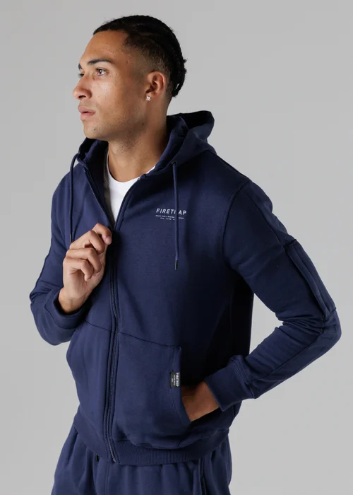 Firetrap Dark Blue Regular Fit Zip Through Fleece Hoody With Drawstrings - S Image 1