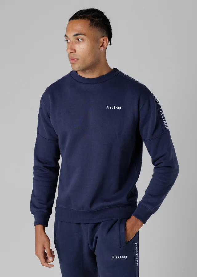 Firetrap Dark Blue Cotton Rich Brushed Fleece Crew Neck Sweatshirt With Logo Strip Sleeves