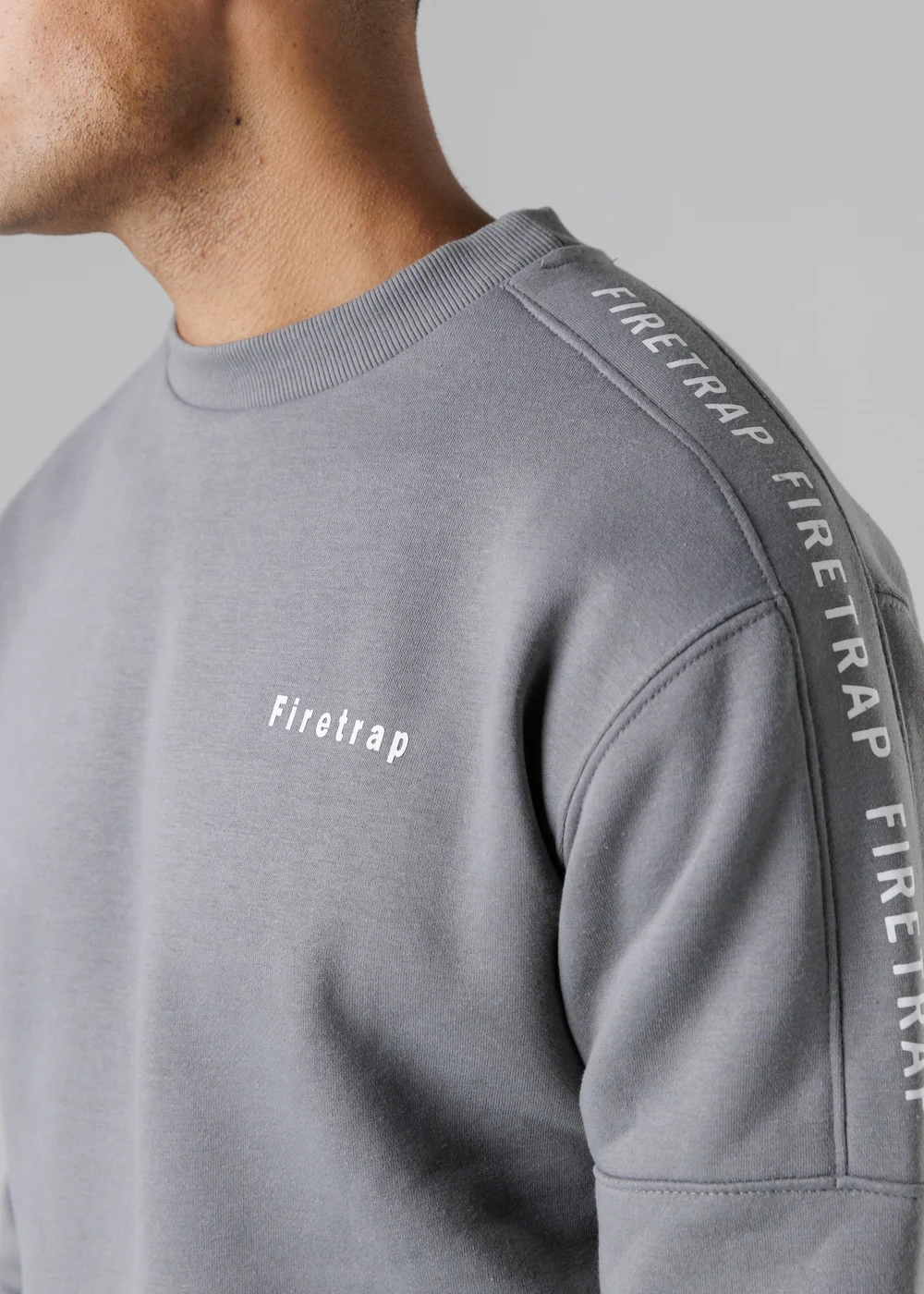 Firetrap Dark Grey Cotton Rich Brushed Fleece Crew Neck Sweatshirt With Logo Strip Sleeves - S Image 3