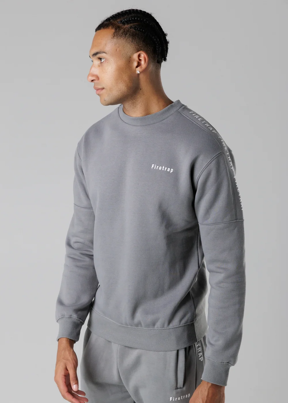 Firetrap Dark Grey Cotton Rich Brushed Fleece Crew Neck Sweatshirt With Logo Strip Sleeves - S Image 1