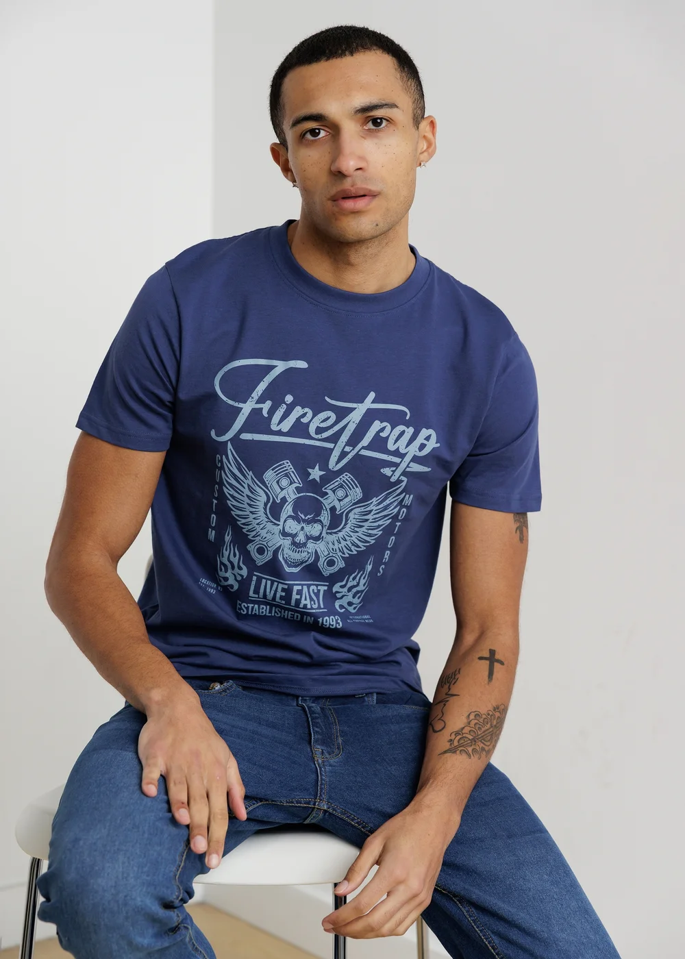 Firetrap Dark Blue Regular Fit Cotton Graphic Crew T-Shirt - S Image 1