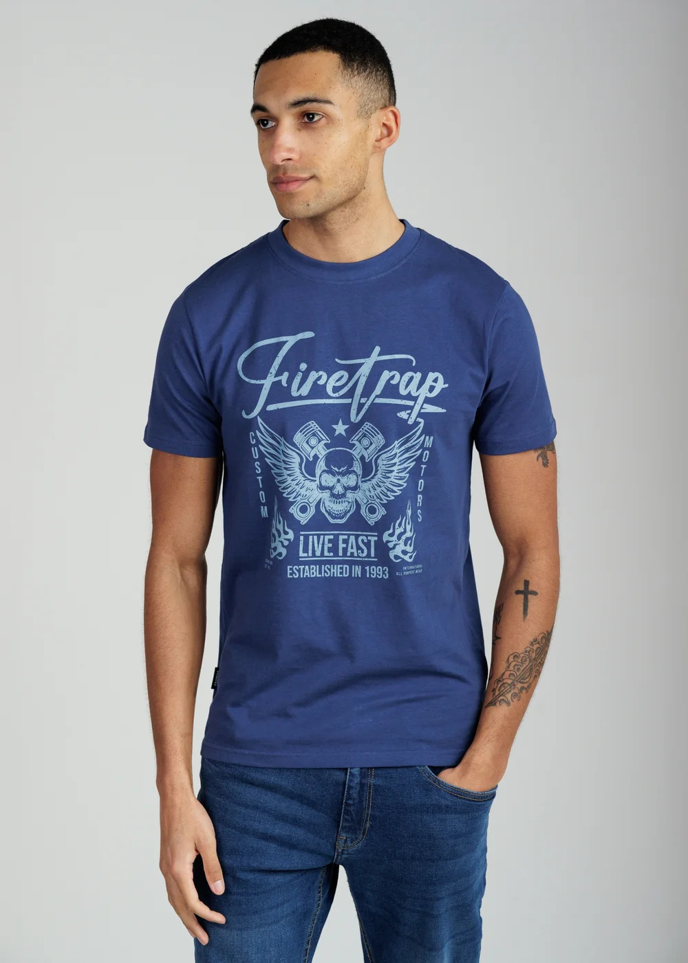 Firetrap Dark Blue Regular Fit Cotton Graphic Crew T-Shirt - S Image 1