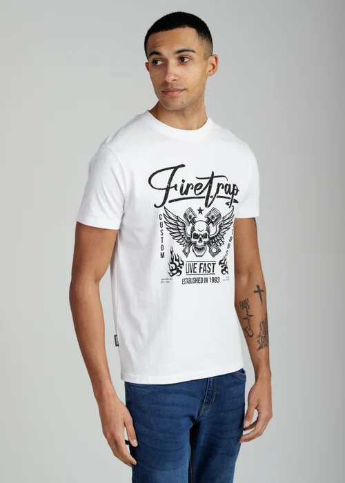 Firetrap White Regular Fit Cotton Graphic Crew T-Shirt - S Image 3