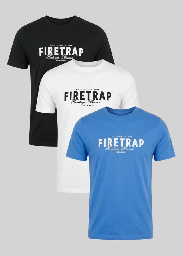 Firetrap Black 3 Pack Regular Fit Cotton Graphic Crew Neck T-Shirts