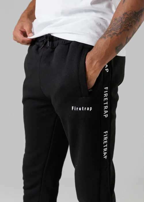 Firetrap Black Cotton Rich Brushed Fleece Joggers With Logo Strip Detail - S Image 3