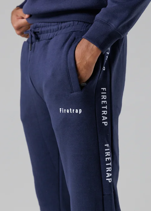 Firetrap Dark Blue Cotton Rich Brushed Fleece Joggers With Logo Strip Detail - S Image 3
