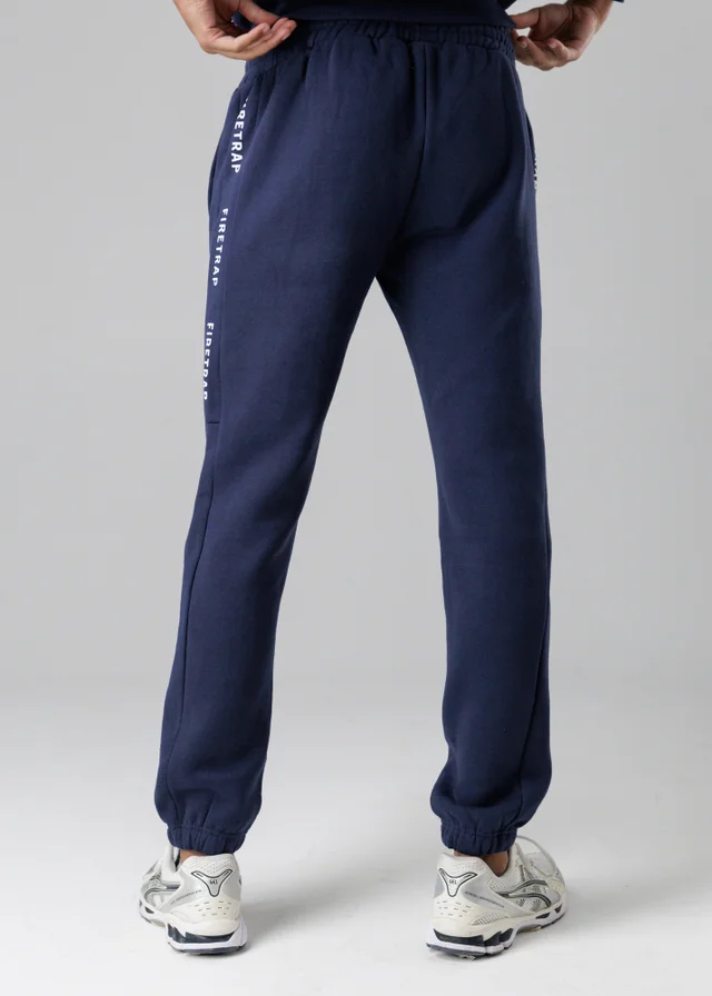 Firetrap Dark Blue Cotton Rich Brushed Fleece Joggers With Logo Strip Detail