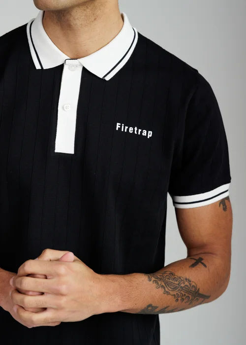 Firetrap Black Regular Fit Ribbed Cotton Button Polo - S Image 3