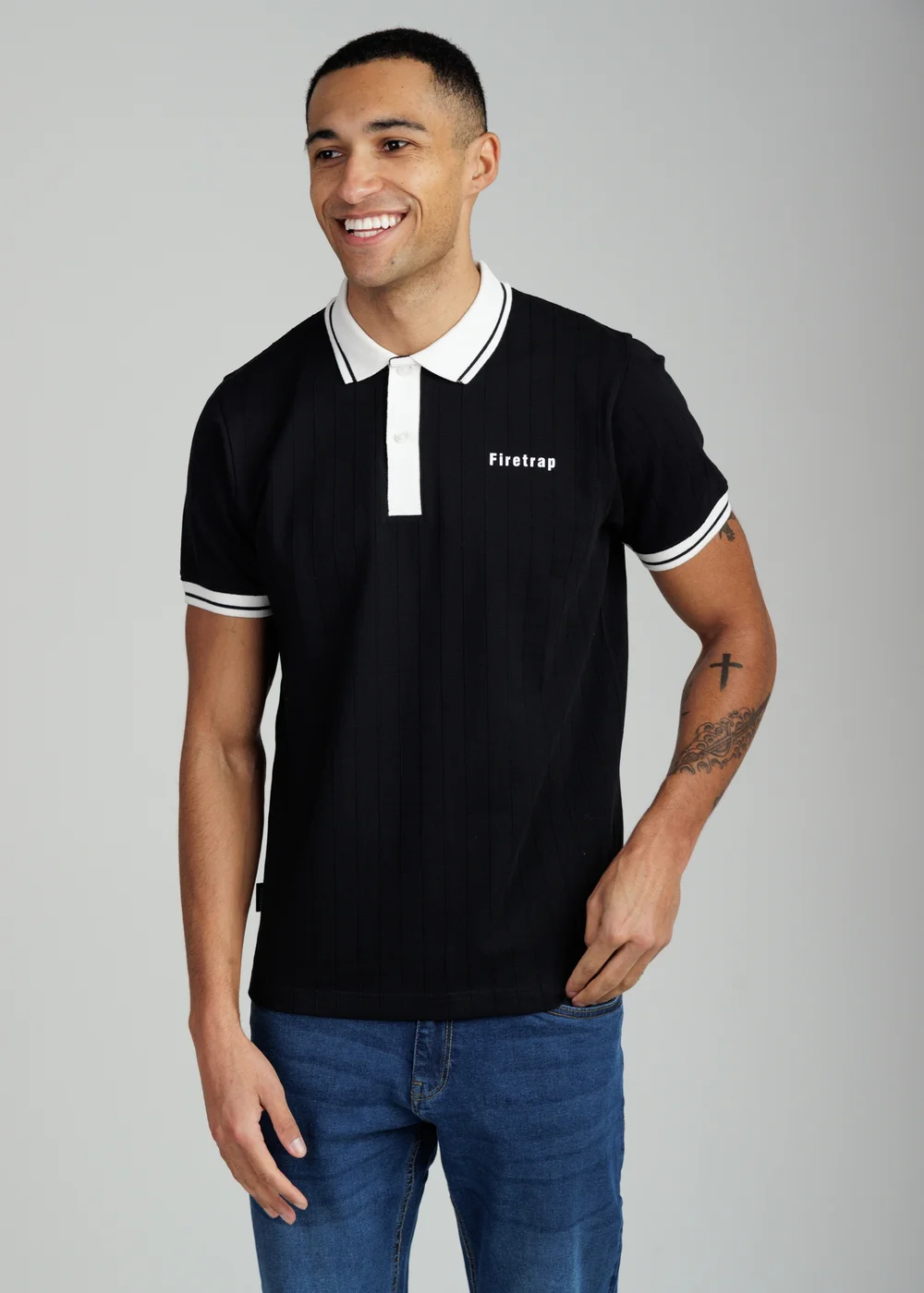 Firetrap Black Regular Fit Ribbed Cotton Button Polo - S Image 1