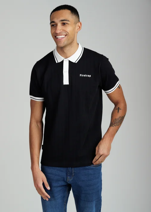 Firetrap Black Regular Fit Ribbed Cotton Button Polo - S Image 1