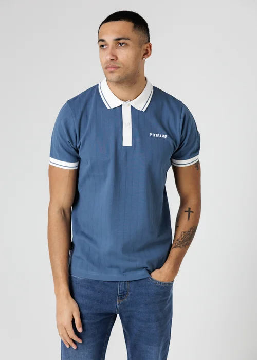Firetrap Light Blue Regular Fit Ribbed Cotton Button Polo - S Image 1