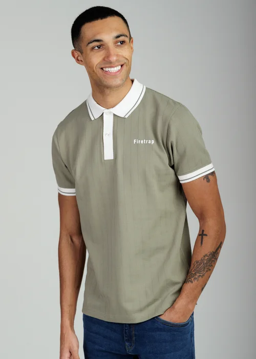 Firetrap Khaki Regular Fit Ribbed Cotton Button Polo - S Image 1