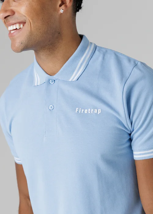 Firetrap Light Blue Regular Fit Cotton Button Polo Shirt With Stripe Detail - S Image 3