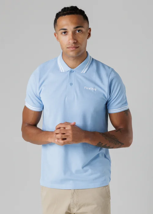 Firetrap Light Blue Regular Fit Cotton Button Polo Shirt With Stripe Detail - S Image 1