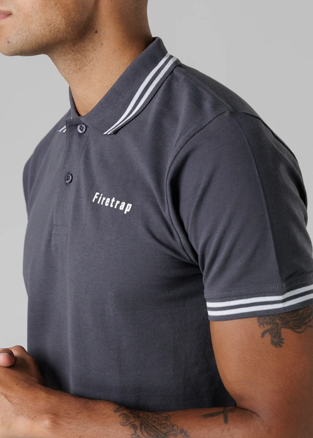 Firetrap Dark Grey Regular Fit Cotton Button Polo Shirt With Stripe Detail - S Image 3