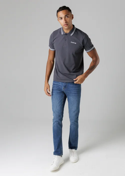 Firetrap Dark Grey Regular Fit Cotton Button Polo Shirt With Stripe Detail - S Image 4