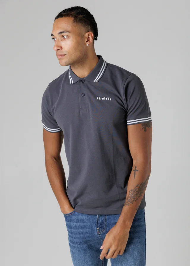 Firetrap Dark Grey Regular Fit Cotton Button Polo Shirt With Stripe Detail