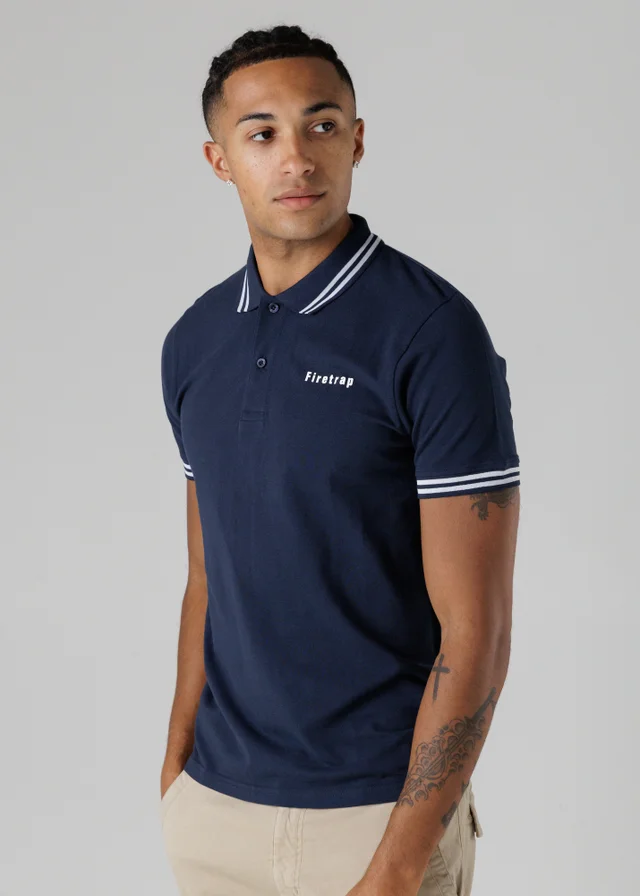 Firetrap Navy Regular Fit Cotton Button Polo Shirt With Stripe Detail