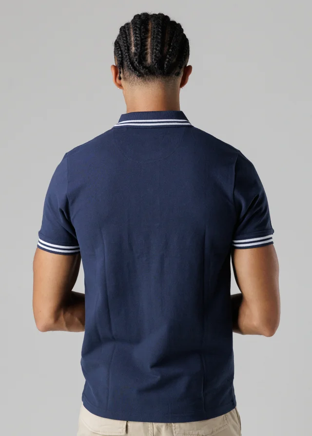Firetrap Navy Regular Fit Cotton Button Polo Shirt With Stripe Detail