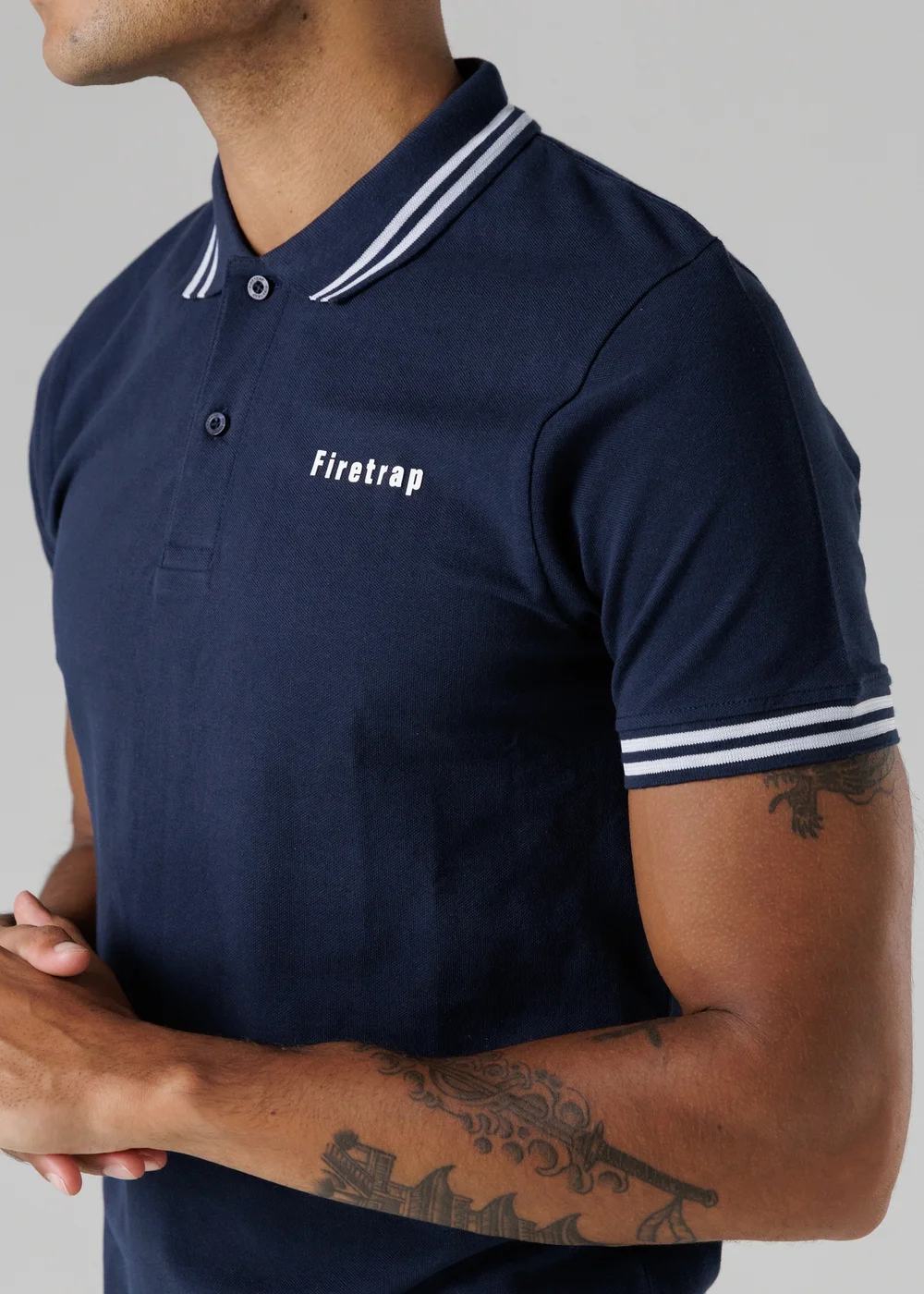 Firetrap Navy Regular Fit Cotton Button Polo Shirt With Stripe Detail - S Image 3