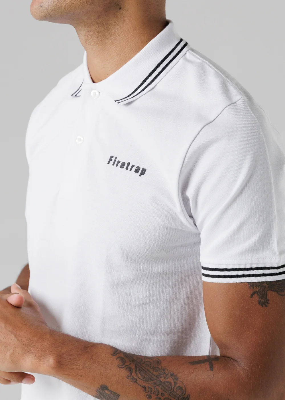 Firetrap White Regular Fit Cotton Button Polo Shirt With Stripe Detail - S Image 3