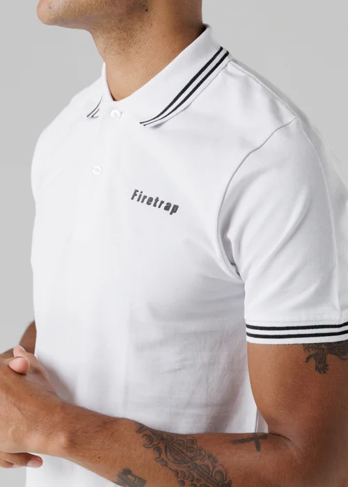 Firetrap White Regular Fit Cotton Button Polo Shirt With Stripe Detail - S Image 3