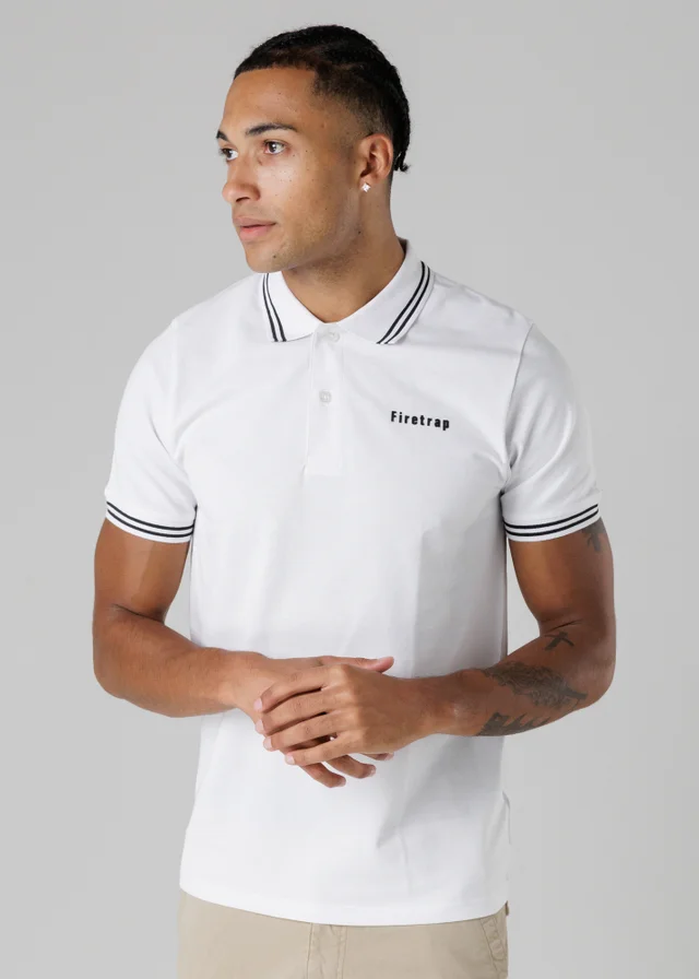 Firetrap White Regular Fit Cotton Button Polo Shirt With Stripe Detail