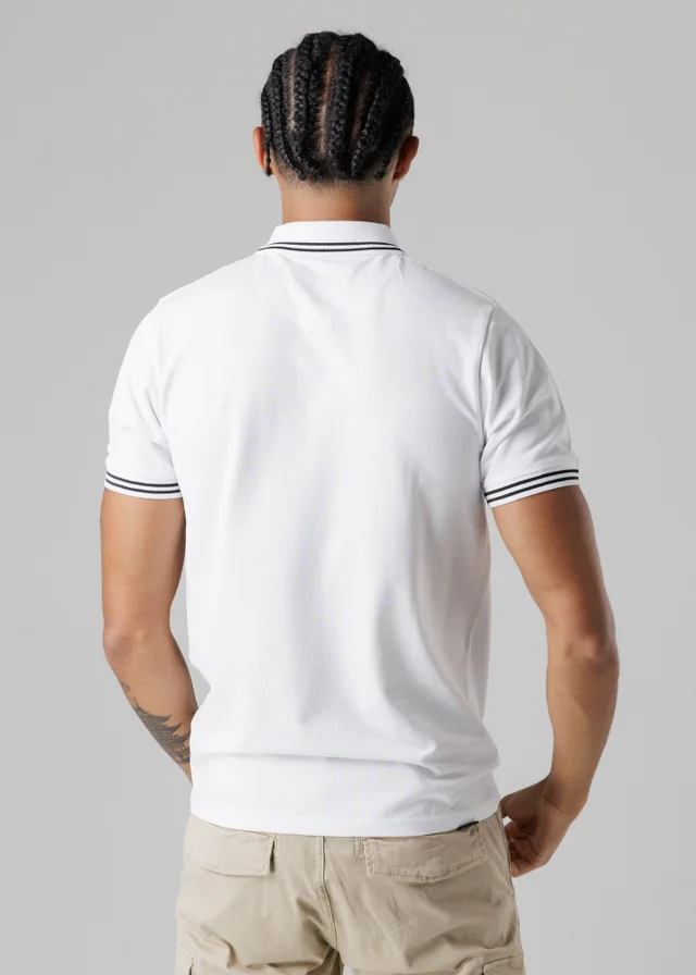 Firetrap White Regular Fit Cotton Button Polo Shirt With Stripe Detail