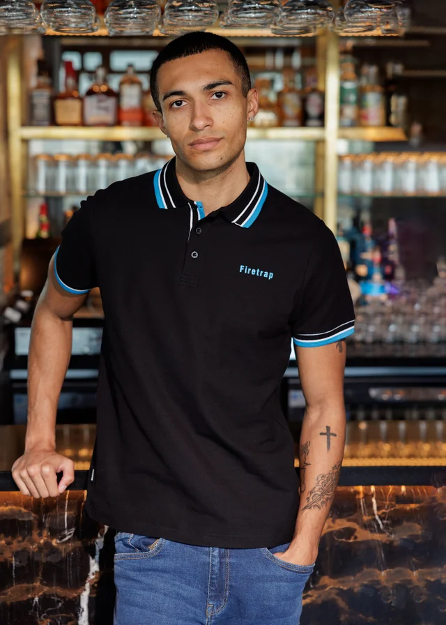 Firetrap Black Regular Fit Cotton Button Polo Shirt With Contrast Trim
